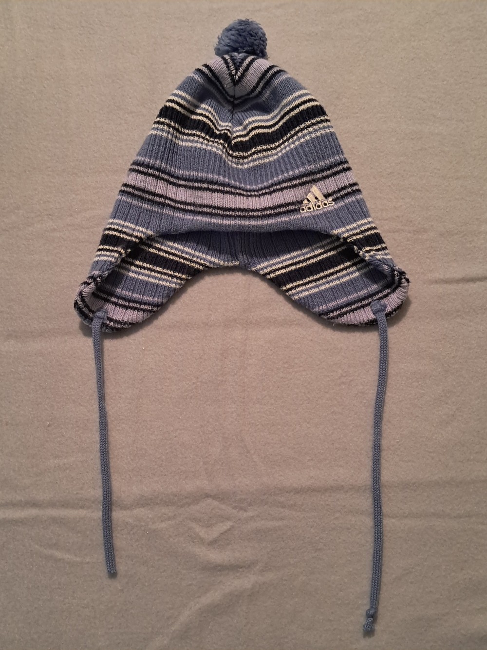 adidas Kids Blue, Black & White Striped Earflap Pom Hat